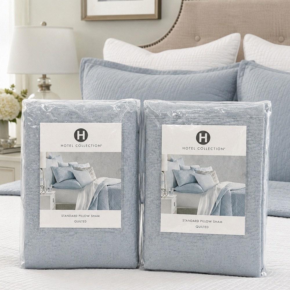 Hotel Collection Petal Standard Pillow Shams Set 2 Quilted Blue Cotton Macys NWT